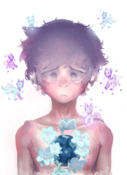 Size: 572x790 | Tagged: safe, artist:mewball, human, bittersweet, crying, fantasizing, flower, male, micro, sad, surreal, topless