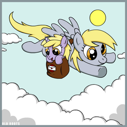 Size: 805x806 | Tagged: safe, artist:old roots, derpy hooves, dinky hooves, pegasus, pony, g4, bag, cloud, cloudy, equestria's best mother, female, flying, mailbag, mare, saddle bag, sky, sun