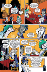 Size: 630x969 | Tagged: safe, idw, official comic, king sombra, princess celestia, star swirl the bearded, g4, spoiler:comic, spoiler:comic19, coffee, derp, doofus, good king sombra, idw advertisement, preview, princess dorklestia, reflections star swirl, spit take