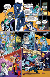 Size: 630x969 | Tagged: safe, idw, official comic, discord, king sombra, princess celestia, princess luna, star swirl the bearded, g4, reflections, spoiler:comic, spoiler:comic19, artemis luna, captain goodguy, evil counterpart, evil luna, female, fire, fire breath, funny background event, good king sombra, idw advertisement, male, mirror universe, preview, reflections star swirl, ship:celestibra, shipping, sir discord, straight
