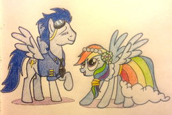 Size: 1024x682 | Tagged: safe, artist:jillybean345, rainbow dash, soarin', g4, female, male, ship:soarindash, shipping, straight, traditional art