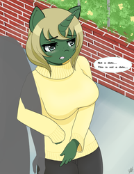 Size: 750x970 | Tagged: source needed, safe, artist:twintails, oc, oc only, oc:spinach, anthro, anonymous, anthro oc, blushing, breasts, clothes, female, freckles, solo, sweater