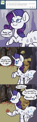 Size: 584x1885 | Tagged: safe, artist:otterlore, rarity, drider, monster pony, original species, parasprite, spider, spiderpony, g4, ask, autumn, cave, comic, female, forest, four eyes, hibernation, leaf, leaves, outdoors, solo, species swap, speech bubble, spiderponyrarity, tumblr