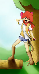 Size: 654x1222 | Tagged: safe, artist:themrgumball, apple bloom, human, g4, anime, apple, boots, clothes, female, humanized, looking at you, shorts, solo, tree, vest