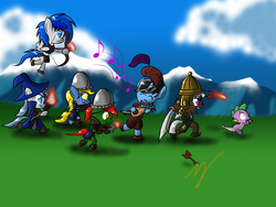 Size: 1000x750 | Tagged: safe, artist:zatgeneral, spike, oc, oc:amalgam, oc:crackers, oc:sapphire sights, oc:shiro, oc:silver lining, oc:whiteboard, earth pony, pegasus, pony, unicorn, g4, adventuring party, dungeons and dragons, slay the dragon