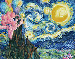 Size: 1263x1000 | Tagged: safe, artist:muffyn-man, pinkie pie, g4, balloon, barn, female, fine art parody, parody, solo, starry night, sweet apple acres