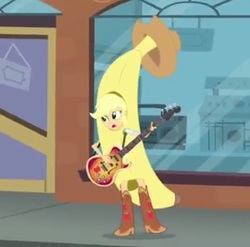 Size: 304x300 | Tagged: safe, screencap, applejack, a case for the bass, equestria girls, g4, my little pony equestria girls: rainbow rocks, banana suit, bananajack, bass guitar, female, musical instrument, solo