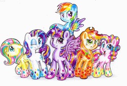 Size: 1735x1179 | Tagged: safe, artist:iluvvanellope, applejack, fluttershy, pinkie pie, rainbow dash, rarity, twilight sparkle, alicorn, pony, g4, twilight's kingdom, female, mane six, mare, rainbow power, traditional art, twilight sparkle (alicorn), wink