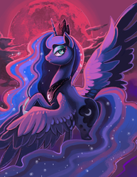 Size: 2550x3300 | Tagged: dead source, safe, artist:matrosha123, princess luna, alicorn, pony, g4, cloud, crown, female, full moon, high res, jewelry, limited palette, moon, raised hoof, regalia, solo, spread wings, two toned wings, wings