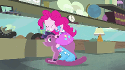 Size: 960x540 | Tagged: safe, screencap, pinkie pie, human, a case for the bass, equestria girls, g4, my little pony equestria girls: rainbow rocks, animated, balloon, boots, bracelet, clothes, cute, female, grin, high heel boots, humans riding ponies, jewelry, riding, rocking horse, skirt, smiling, solo, wide eyes