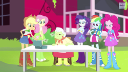 Size: 1920x1080 | Tagged: safe, screencap, applejack, fluttershy, granny smith, pinkie pie, rainbow dash, rarity, a case for the bass, equestria girls, g4, my little pony equestria girls: rainbow rocks, balloon, boots, bracelet, clothes, female, high heel boots, humane five, jewelry, skirt