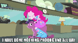 Size: 960x540 | Tagged: safe, screencap, pinkie pie, human, a case for the bass, equestria girls, g4, my little pony equestria girls: rainbow rocks, animated, balloon, boots, caption, clothes, female, grin, high heel boots, humans riding ponies, i have done nothing productive all day, riding, rocking horse, skirt, smiling, solo, wide eyes