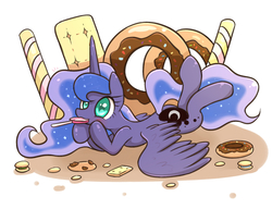 Size: 1300x1000 | Tagged: dead source, safe, artist:joycall6, princess luna, alicorn, pony, g4, candy, cookie, donut, eating, female, food, legs in air, lollipop, prone, size difference, solo