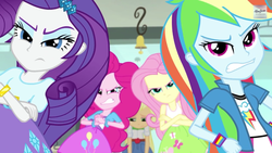 Size: 1920x1080 | Tagged: safe, screencap, applejack, fluttershy, pinkie pie, rainbow dash, rarity, a case for the bass, equestria girls, g4, my little pony equestria girls: rainbow rocks, angry, cracking knuckles, death stare, female, humane five, looking at you, ponied up, reaction image, this is where it gets complicated, this will end in pain, wrong neighborhood