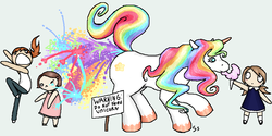 Size: 900x450 | Tagged: safe, artist:stapledslut, human, unicorn, barely pony related, blushing, cotton candy, diarrhea, female, food, not celestia, poop, pooping, rainbow, rainbow poop, rainbowrrhea