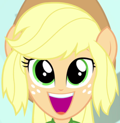 Size: 465x475 | Tagged: safe, screencap, applejack, a case for the bass, equestria girls, g4, my little pony equestria girls: rainbow rocks, :d, cropped, cute, dilated pupils, faic, female, happy, jackabetes, looking at you, open mouth, ponied up, smiling, solo