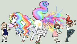 Size: 952x550 | Tagged: safe, artist:stapledslut, human, unicorn, barely pony related, clothes, cotton candy, diarrhea, female, food, not celestia, poop, pooping, rainbow, rainbow poop, rainbowrrhea