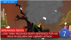 Size: 1510x849 | Tagged: safe, edit, screencap, lord tirek, g4, twilight's kingdom, breaking news, destroyed, fire, golden oaks library, justice, news, smoke, television