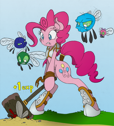 Size: 905x1000 | Tagged: safe, artist:dfectivedvice, artist:shawnyall, pinkie pie, parasprite, pony, semi-anthro, g4, arm hooves, bipedal, bottomless, clothes, colored, fantasy class, hammer, murder, rpg, tail wrap