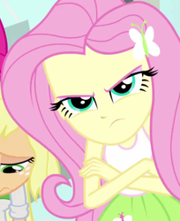 Size: 289x354 | Tagged: safe, screencap, fluttershy, a case for the bass, equestria girls, g4, my little pony equestria girls: rainbow rocks, :c, >:c, angry, clothes, cropped, crossed arms, female, frown, hairpin, skirt, sleeveless, tank top