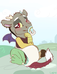 Size: 744x963 | Tagged: safe, artist:lincub, discord, g4, baby, diaper, male, pacifier, poofy diaper, solo