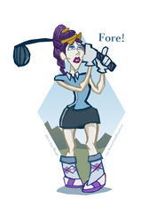 Size: 900x1273 | Tagged: safe, artist:jon-wood, rarity, human, g4, bucktooth, clothes, female, golf, hat, humanized, plaid, ponytail, skirt, socks, solo, sports