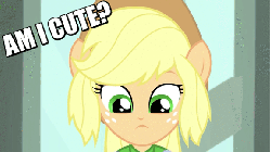 Size: 576x324 | Tagged: safe, screencap, applejack, a case for the bass, equestria girls, g4, my little pony equestria girls: rainbow rocks, animated, bronybait, cute, dilated pupils, female, happy, image macro, jackabetes, looking at you, meme, open mouth, ponied up, smiling, solo
