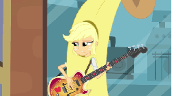 Size: 576x324 | Tagged: safe, screencap, applejack, a case for the bass, equestria girls, g4, my little pony equestria girls: rainbow rocks, animated, banana, banana suit, bananajack, bass guitar, clothes, costume, female, guitar, musical instrument, solo