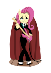 Size: 874x1240 | Tagged: safe, artist:jon-wood, fluttershy, anthro, g4, clothes, crossdressing, cute, embarrassed, female, guitar, looking at you, modest mouse, music, musician, shy, smiling, solo, spats, stage, suit, the beatles