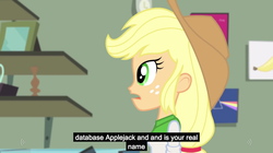 Size: 1280x719 | Tagged: safe, screencap, applejack, robot, a case for the bass, equestria girls, g4, my little pony equestria girls: rainbow rocks, appul, banana, clock, female, frown, implied robot, indoors, meme, open mouth, picture frame, prism, realization, remember, self awareness, shelf, solo, vase, youtube caption