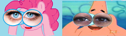 Size: 1010x294 | Tagged: safe, artist:pinkiepiegummy101, pinkie pie, g4, 1000 hours in ms paint, binoculars, creepy, eyes, glasses, idiot box, male, ms paint, patrick star, spongebob squarepants