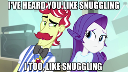 Size: 640x360 | Tagged: safe, screencap, flam, rarity, a case for the bass, equestria girls, g4, my little pony equestria girls: rainbow rocks, do not want, frown, image macro, imma snuggle you, meme, open mouth, raised eyebrow, smiling, this will end in jail time