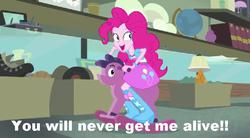 Size: 852x469 | Tagged: safe, screencap, pinkie pie, a case for the bass, equestria girls, g4, my little pony equestria girls: rainbow rocks, female, fuck the police, image macro, meme, open mouth, rocking horse, smiling, solo, text, wide eyes