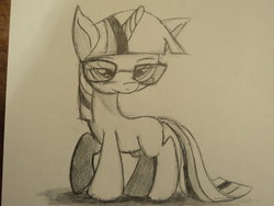 Size: 1024x768 | Tagged: safe, artist:digitaldomain123, twilight sparkle, g4, blushing, female, filly, glasses, monochrome, photo, photography, solo, traditional art