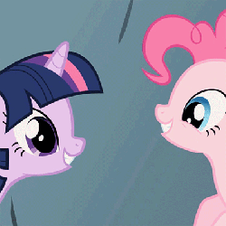 Size: 399x399 | Tagged: safe, screencap, pinkie pie, twilight sparkle, g4, animated, eye contact, eyes closed, female, grin, happy, holding hooves, hug, out of context, smiling