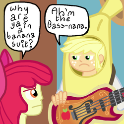 Size: 600x600 | Tagged: safe, artist:oneovertwo, apple bloom, applejack, a case for the bass, equestria girls, g4, bananajack, pun