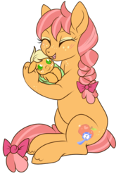 Size: 423x614 | Tagged: safe, artist:lulubell, applejack, oc, oc:bonnie, pony, g4, baby, baby pony, best parent, cuddling, mother, simple background, snuggling, transparent background