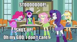 Size: 640x352 | Tagged: safe, edit, edited screencap, screencap, applejack, fluttershy, pinkie pie, rarity, twilight sparkle, equestria girls, g4, caption, image macro, incomplete twilight strong, it's always sunny in philadelphia, meme, text