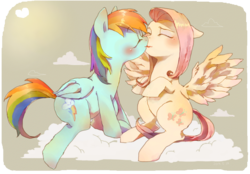 Size: 907x630 | Tagged: safe, artist:chi-hayu, fluttershy, rainbow dash, pegasus, pony, g4, blushing, cloud, cloudy, duo, female, kiss on the lips, kissing, lesbian, mare, pixiv, ship:flutterdash, shipping, spread wings, wavy mouth, wingboner, wings
