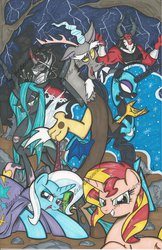 Size: 1024x1582 | Tagged: safe, artist:ponygoddess, discord, king sombra, lord tirek, nightmare moon, queen chrysalis, sunset shimmer, trixie, oc, oc:fluffle puff, alicorn, centaur, changeling, changeling queen, draconequus, pony, unicorn, g4, antagonist, dreamworks face, ethereal mane, female, legion of doom, lightning, looking at you, male, mare, stallion, starry mane, traditional art, villain teamup, villains of equestria