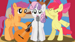 Size: 1280x720 | Tagged: safe, artist:jbond, apple bloom, scootaloo, sweetie belle, earth pony, pegasus, pony, unicorn, g4, bipedal, cutie mark crusaders, dancing, eyes closed, female, filly, foal, guitar, microphone, open mouth, singing, trio