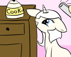 Size: 3000x2392 | Tagged: safe, artist:ivorylace, artist:katiespalace, oc, oc only, oc:ivory lace, pony, unicorn, ask, cookie, high res, newspaper, smiling, solo, tumblr