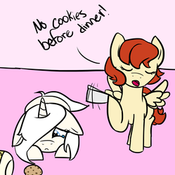Size: 2856x2868 | Tagged: safe, artist:ivorylace, artist:katiespalace, oc, oc only, oc:ivory lace, oc:vanity, pegasus, pony, unicorn, ask, cookie, crying, eyes closed, female, floppy ears, hair over one eye, high res, newspaper, no cookies before dinner, open mouth, raised hoof, sad, spread wings, tumblr