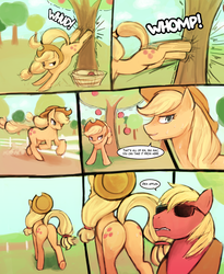 Size: 1532x1868 | Tagged: safe, artist:lumineko, applejack, big macintosh, earth pony, pony, g4, applebutt, applecest, both cutie marks, brother and sister, bucking, butt, comic, dem apples, female, grin, implied incest, incest, looking at butt, male, plot, raised tail, running, ship:applemac, shipping, siblings, smiling, stallion, straight, sunglasses, sweat