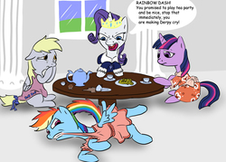 Size: 1200x859 | Tagged: artist needed, source needed, safe, derpy hooves, rainbow dash, rarity, twilight sparkle, g4, behaving like a dog, clothes, crying, dress, filly, rainbow dash always dresses in style, tea, tea party, teacup, teapot