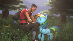 Size: 1920x1080 | Tagged: safe, artist:ferexes, rainbow dash, g4, 3d, eyes closed, grin, kneeling, outdoors, petting, raised hoof, scout (tf2), smiling, source filmmaker, team fortress 2