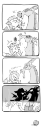 Size: 400x1199 | Tagged: safe, artist:raichi, discord, fluttershy, bat pony, g4, angry, apple, comic, female, flutterbat, food, grayscale, growling, male, monochrome, this will end in pain