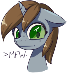 Size: 900x980 | Tagged: safe, artist:inlucidreverie, oc, oc only, oc:littlepip, pony, unicorn, fallout equestria, female, freckles, mare, mfw, reaction image, simple background, solo, transparent background