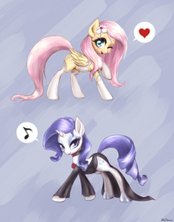 Size: 1813x2295 | Tagged: safe, artist:mlpanon, fluttershy, rarity, g4, clothes, dress, flower, flower in hair, heart, music notes, wink