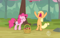 Size: 500x321 | Tagged: safe, screencap, applejack, pinkie pie, earth pony, pony, g4, season 2, the last roundup, basket, bipedal, cherry, cherry orchard, duo, female, hub logo, mare, yellow cherry